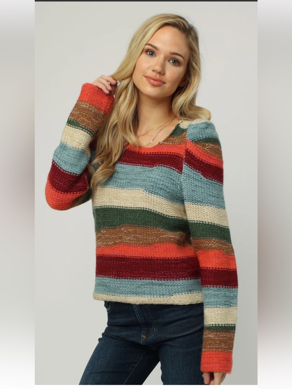 Dear John Denim LeahMulticolor Striped Crewneck Puff Sleeve Sweater